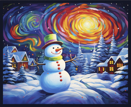 Snowman with Village Large Panel